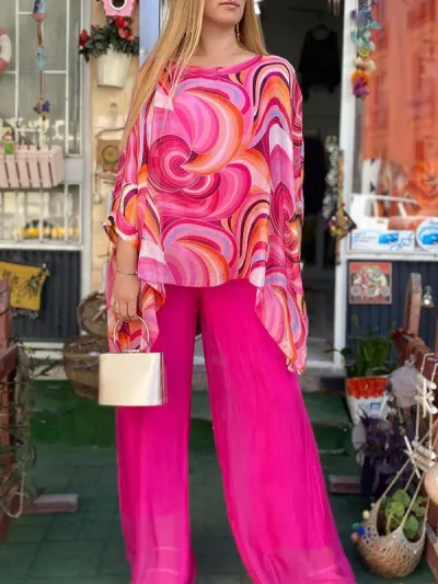 Summer Women Fashion Colorful Printed Chiffon Top Wide Leg Pants Two-Piece Set