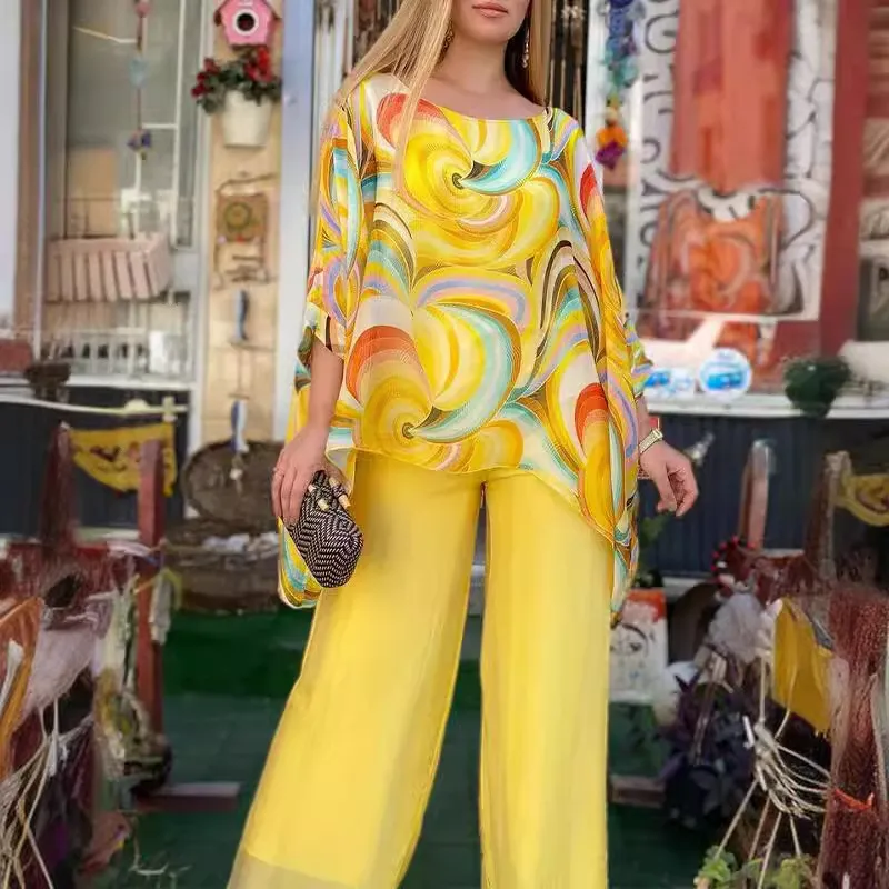 Summer Women Fashion Colorful Printed Chiffon Top Wide Leg Pants Two-Piece Set