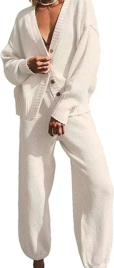 Women Simple Solid Color Casual Knitted Cardigan Long Sleeve Top Pants Two-Piece Set