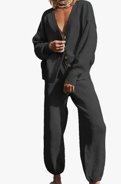 Women Simple Solid Color Casual Knitted Cardigan Long Sleeve Top Pants Two-Piece Set