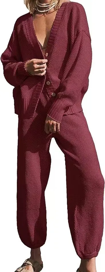 Women Simple Solid Color Casual Knitted Cardigan Long Sleeve Top Pants Two-Piece Set