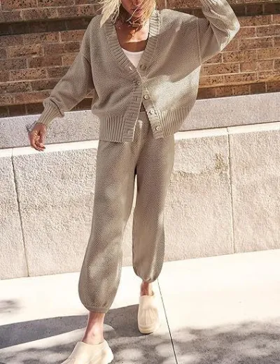 Women Simple Solid Color Casual Knitted Cardigan Long Sleeve Top Pants Two-Piece Set