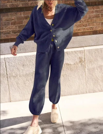 Women Simple Solid Color Casual Knitted Cardigan Long Sleeve Top Pants Two-Piece Set