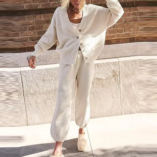 Women Simple Solid Color Casual Knitted Cardigan Long Sleeve Top Pants Two-Piece Set