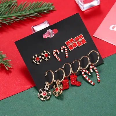 Christmas Cartoon Alloy Oil Drop Elk Santa Claus Earrings Set for Party