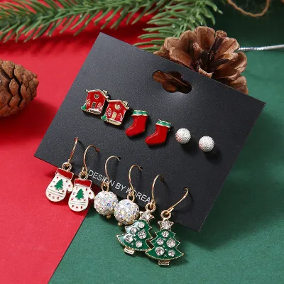 Christmas Cartoon Alloy Oil Drop Elk Santa Claus Earrings Set for Party