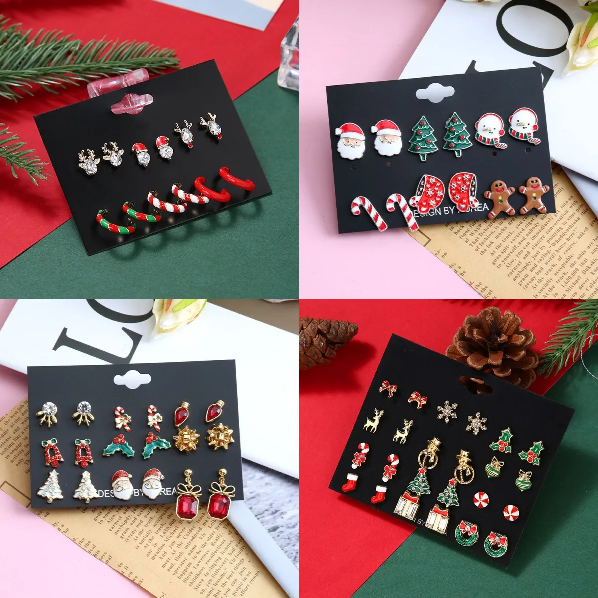 Christmas Cartoon Alloy Oil Drop Elk Santa Claus Earrings Set for Party