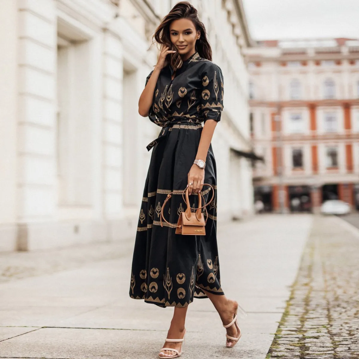 Women Urban Wind Printed Short-Sleeved Single-Breasted Casual Midi Dress