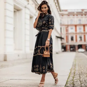 Women Urban Wind Printed Short-Sleeved Single-Breasted Casual Midi Dress