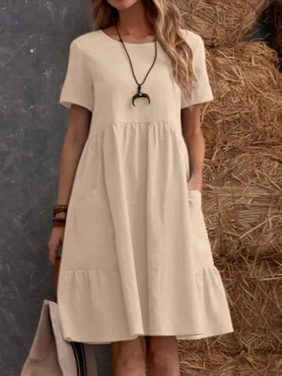 Women Casual Cotton Linen Loose Solid Color Round Neck A-Line Dress