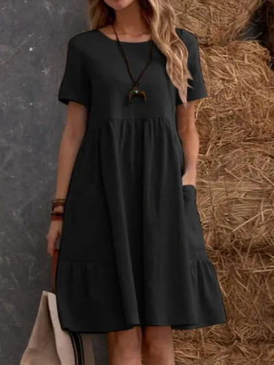 Women Casual Cotton Linen Loose Solid Color Round Neck A-Line Dress