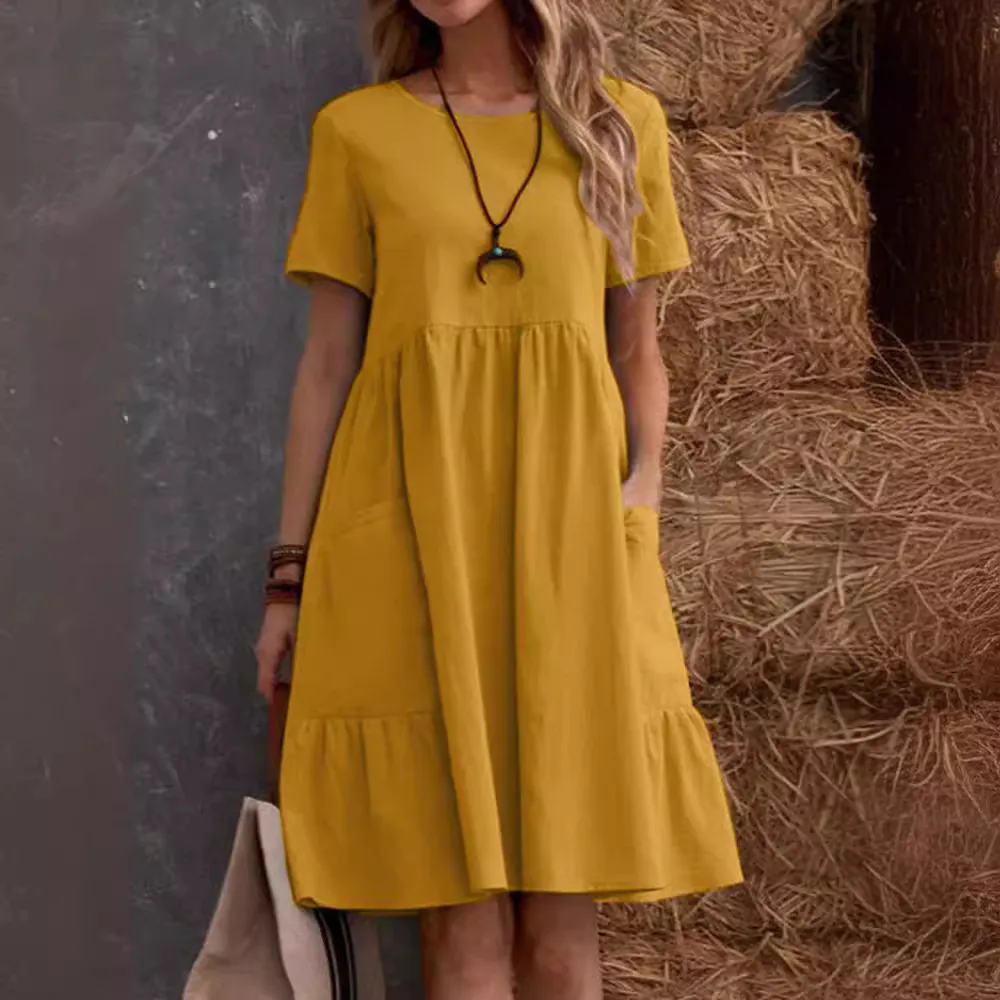 Women Casual Cotton Linen Loose Solid Color Round Neck A-Line Dress