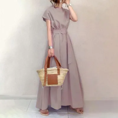 Women Casual Elegant Solid Color Cotton Maxi Short Sleeve Dress