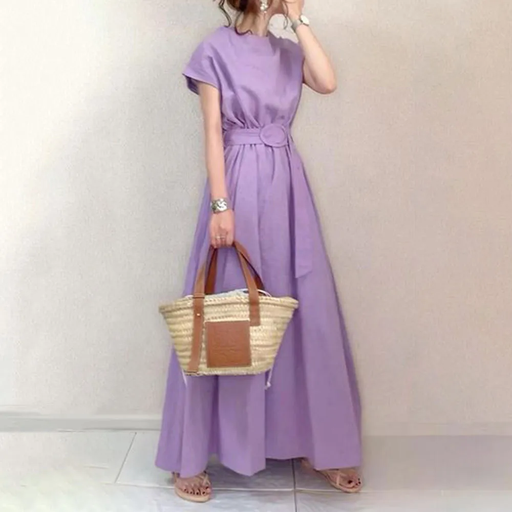 Women Casual Elegant Solid Color Cotton Maxi Short Sleeve Dress