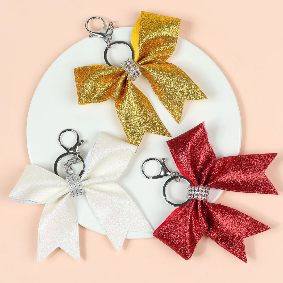 Women's Simple Creative Thin Flashing Leather Bow Rhinestone Keychain Pendant