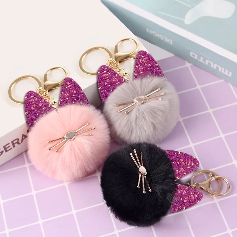 Women Cute Cat Beard Plush Keychain Pendant Fashion Commuter Round Simple