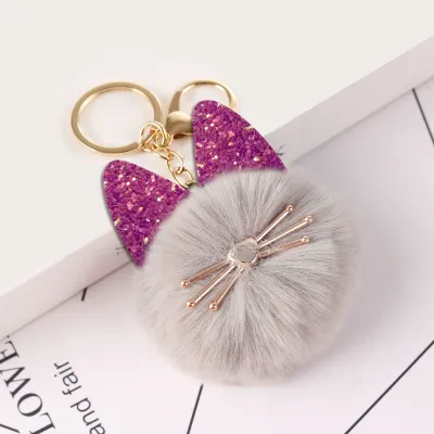 Women Cute Cat Beard Plush Keychain Pendant Fashion Commuter Round Simple
