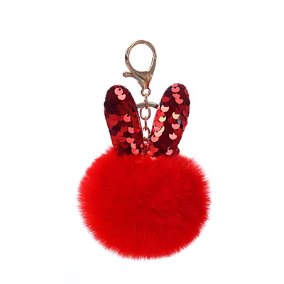 Women Cartoon Cute Multicolor Sequins Rabbit Ears Plush Keychain Pendant