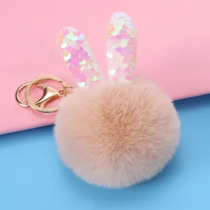 Women Cartoon Cute Multicolor Sequins Rabbit Ears Plush Keychain Pendant