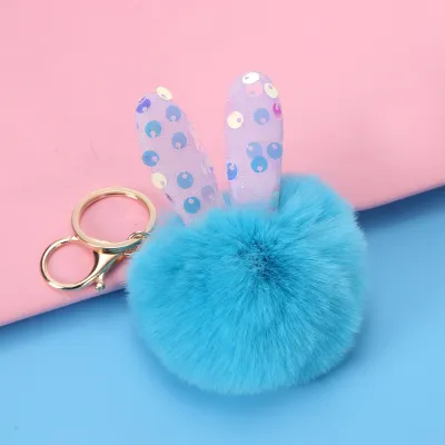 Women Cartoon Cute Multicolor Sequins Rabbit Ears Plush Keychain Pendant