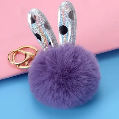Women Cartoon Cute Multicolor Sequins Rabbit Ears Plush Keychain Pendant