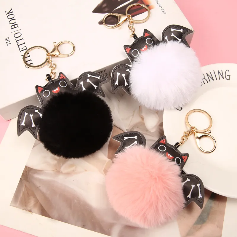 Women Fashion Creative Leather Bat Fur Ball Key Chain Pendant