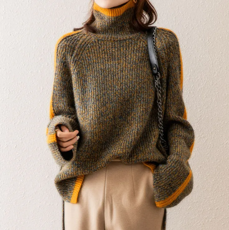 Women Winter Fashion Contrast High Neck Loose Knitted Sweater