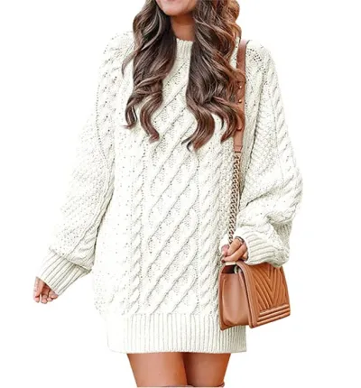 Winter Women Solid Color Loose Knit Sweater Lantern Sleeve