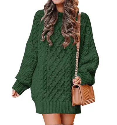 Winter Women Solid Color Loose Knit Sweater Lantern Sleeve