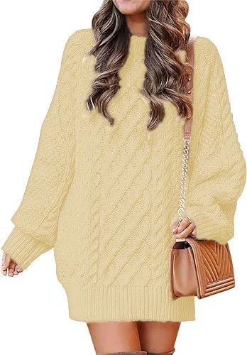 Winter Women Solid Color Loose Knit Sweater Lantern Sleeve