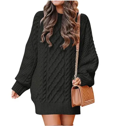 Winter Women Solid Color Loose Knit Sweater Lantern Sleeve