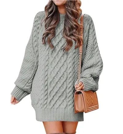 Winter Women Solid Color Loose Knit Sweater Lantern Sleeve
