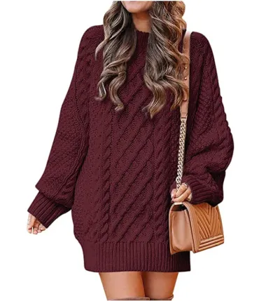 Winter Women Solid Color Loose Knit Sweater Lantern Sleeve