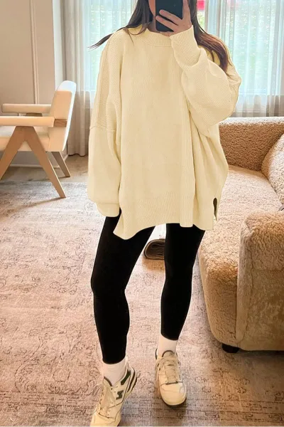 Winter Women Casual Solid Color Round Neck Loose Knit Sweater Pullover