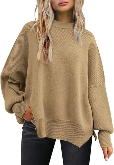 Winter Women Casual Solid Color Round Neck Loose Knit Sweater Pullover