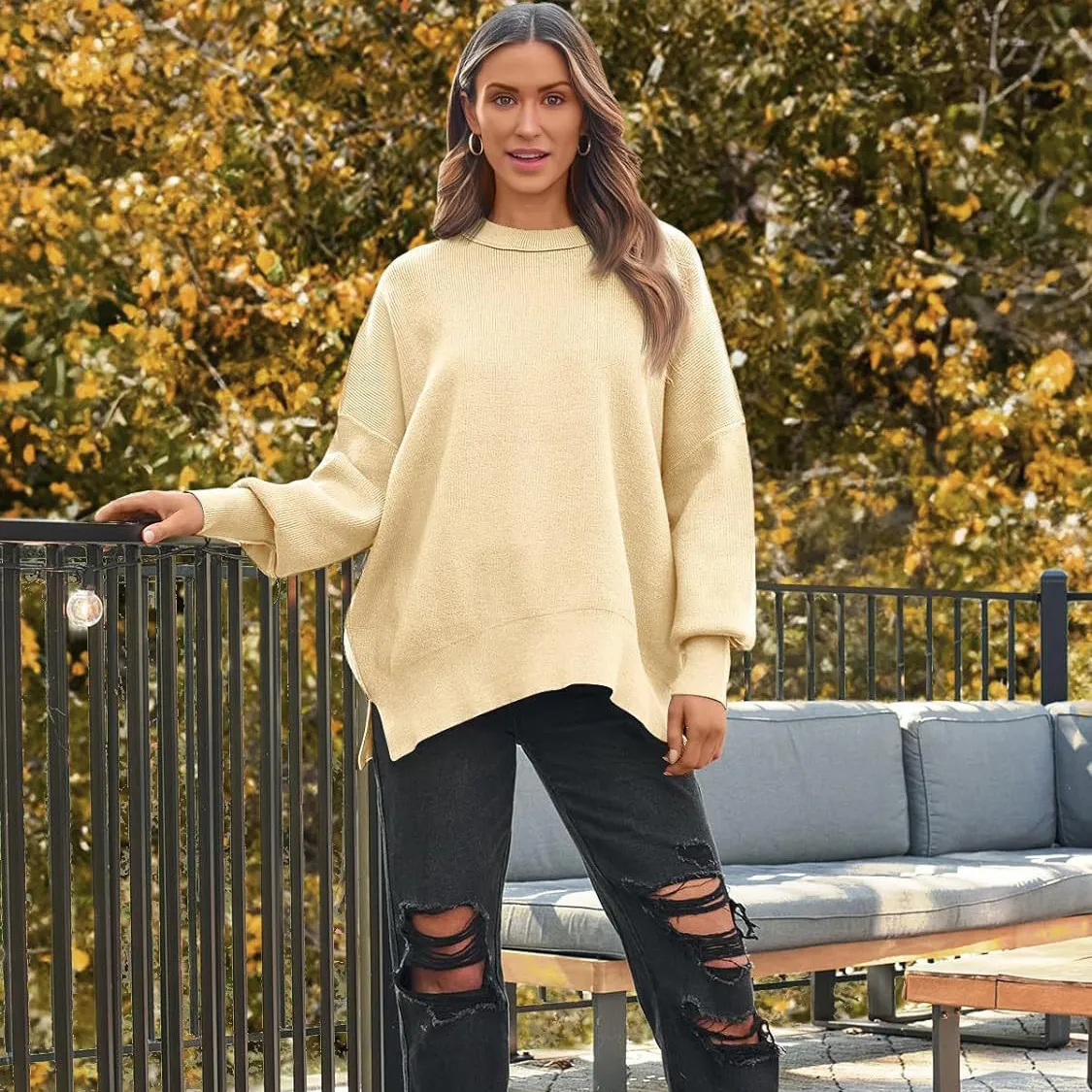 Winter Women Casual Solid Color Round Neck Loose Knit Sweater Pullover