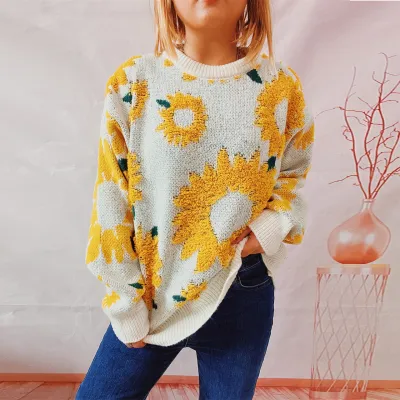 Winter Women Sunflower Jacquard Cashmere Loose Knit Sweater