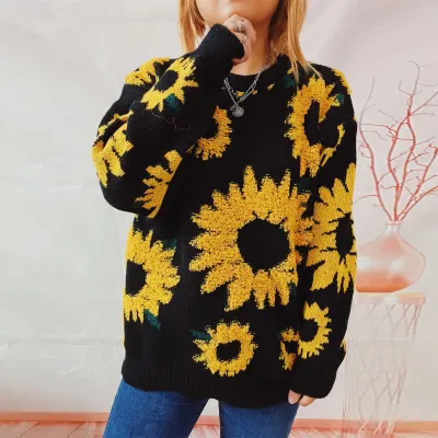 Winter Women Fashion Sunflower Jacquard Crewneck Loose Knit Sweater