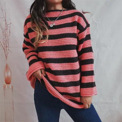 Winter Women Fashion Stripe Loose Long Sleeve Knitted Sweater