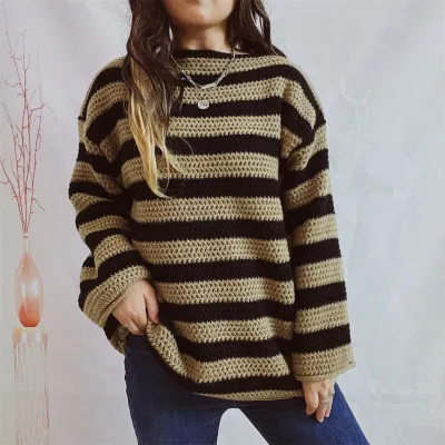 Winter Women Fashion Stripe Loose Long Sleeve Knitted Sweater