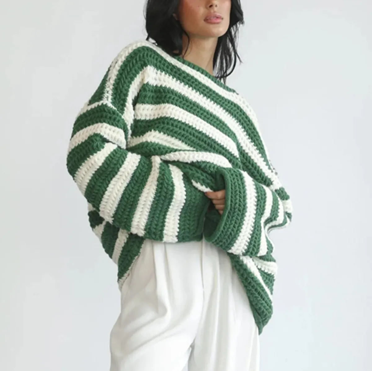 Winter Women Fashion Stripe Loose Long Sleeve Knitted Sweater