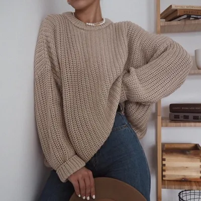 Winter Women Casual Solid Color Loose Fit Round Neck Knit Pullover Sweater