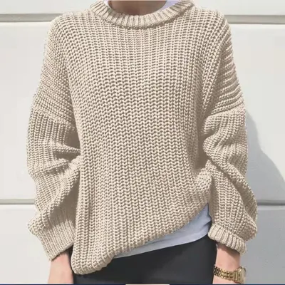 Winter Women Casual Solid Color Loose Fit Round Neck Knit Pullover Sweater