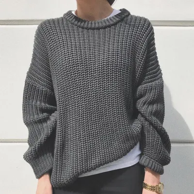 Winter Women Casual Solid Color Loose Fit Round Neck Knit Pullover Sweater