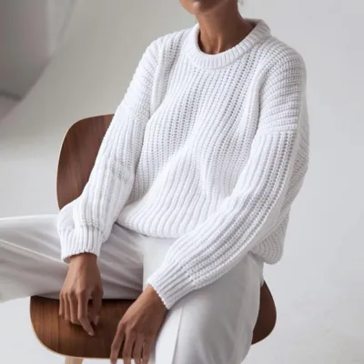 Winter Women Casual Solid Color Loose Fit Round Neck Knit Pullover Sweater