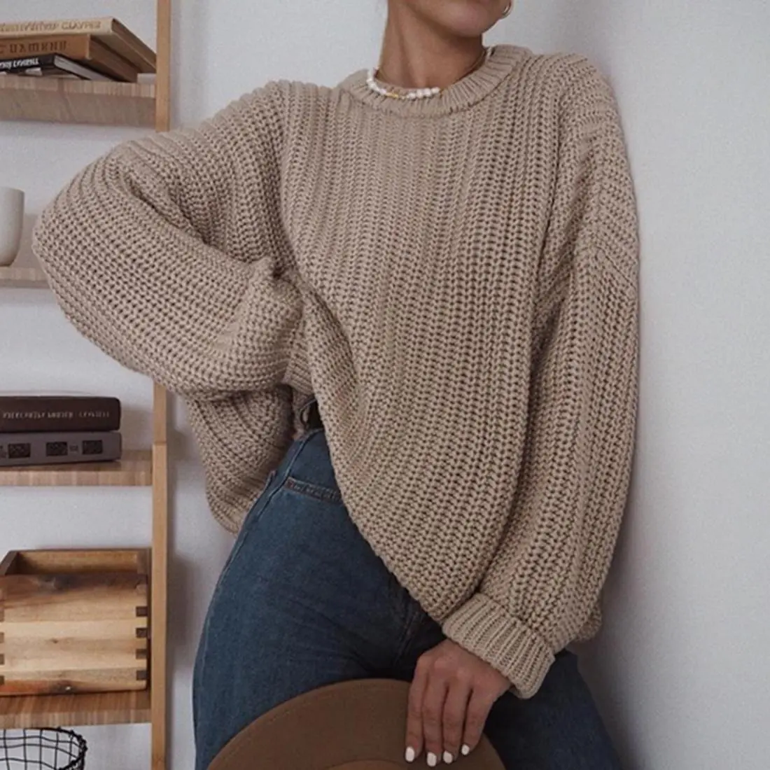 Winter Women Casual Solid Color Loose Fit Round Neck Knit Pullover Sweater