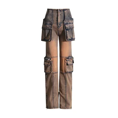Street Women Fashion Long Straight Multi-Pocket Casual Jeans