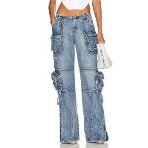 Street Women Fashion Long Straight Multi-Pocket Casual Jeans