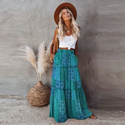 Women Casual Bohemian Geometric Print Loose Oversized Skirt