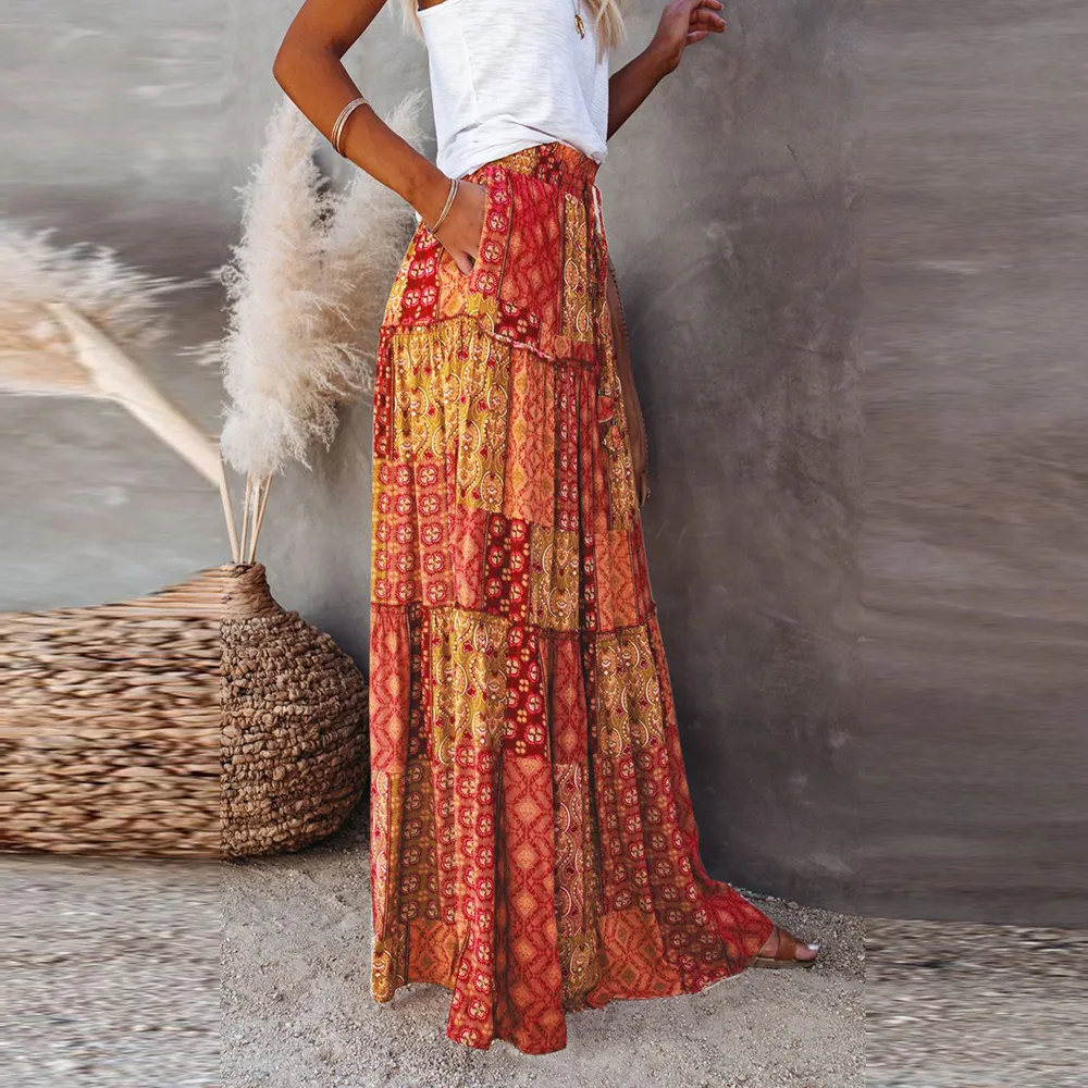 Women Casual Bohemian Geometric Print Loose Oversized Skirt